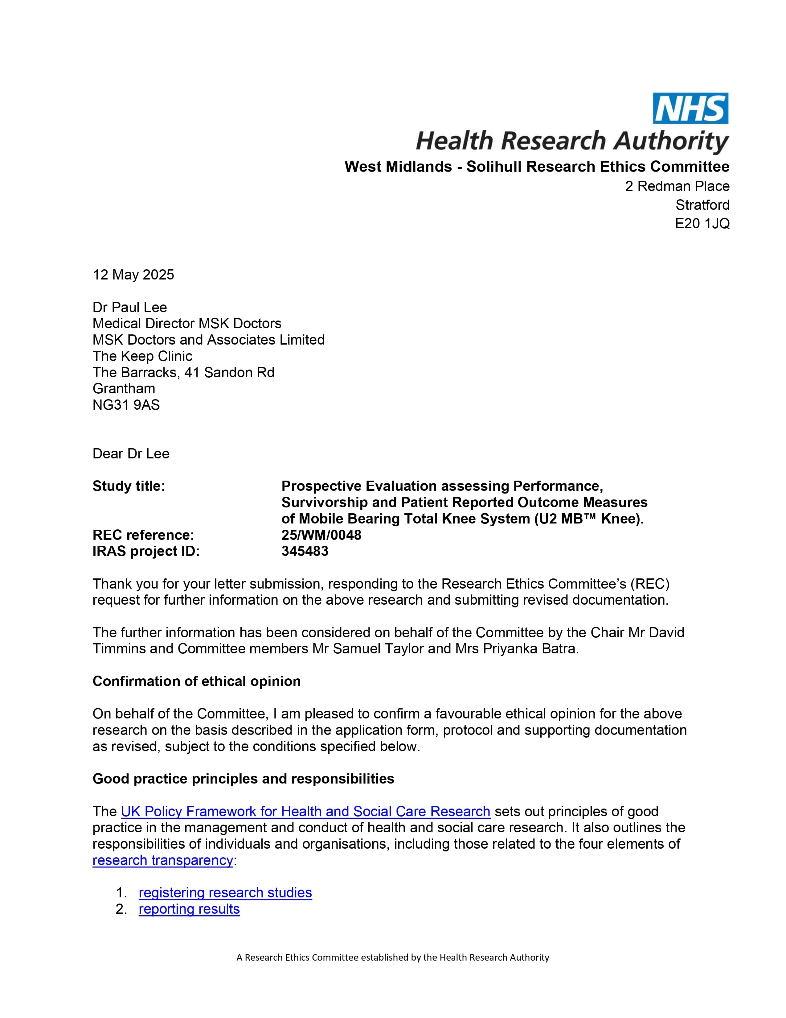 Ethics committee approval document for the U2 Mobile Bearing Total Knee Replacement Follow-up Study