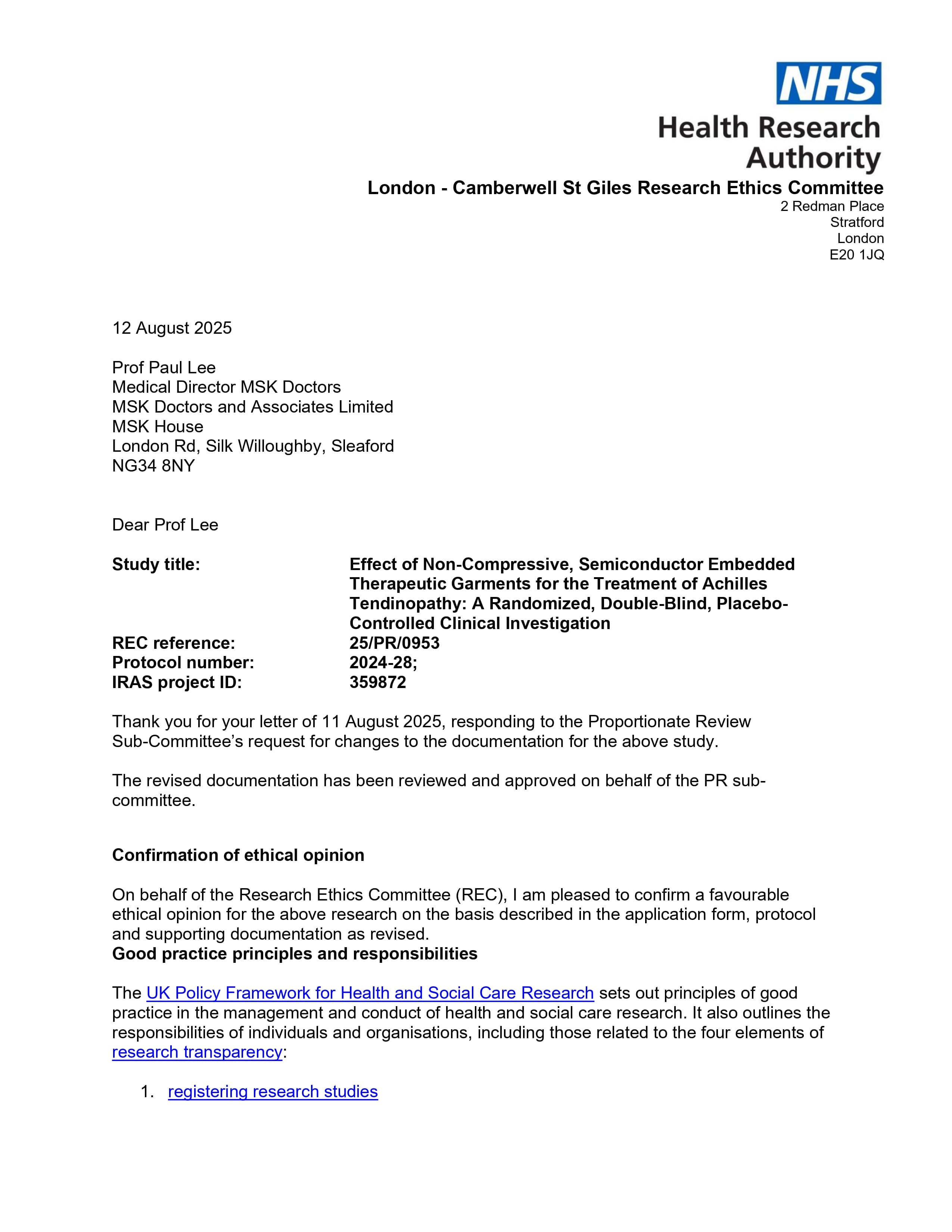 Ethics committee approval document for the Incrediwear Achilles Tendon Treatment Study